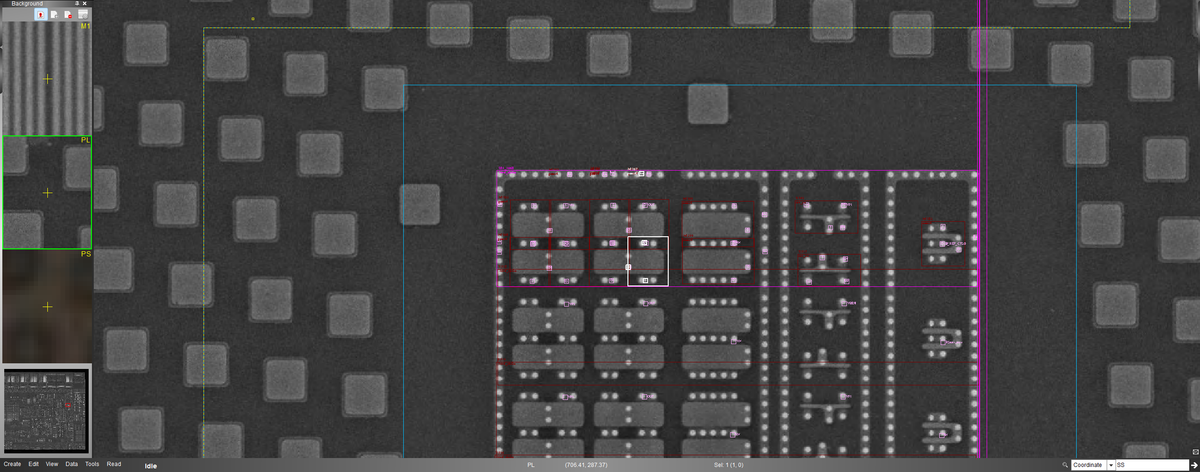 SEM die imagery with the previously selected transistor outlined in white at its physical location, surrounded by red device outlines and contact markers