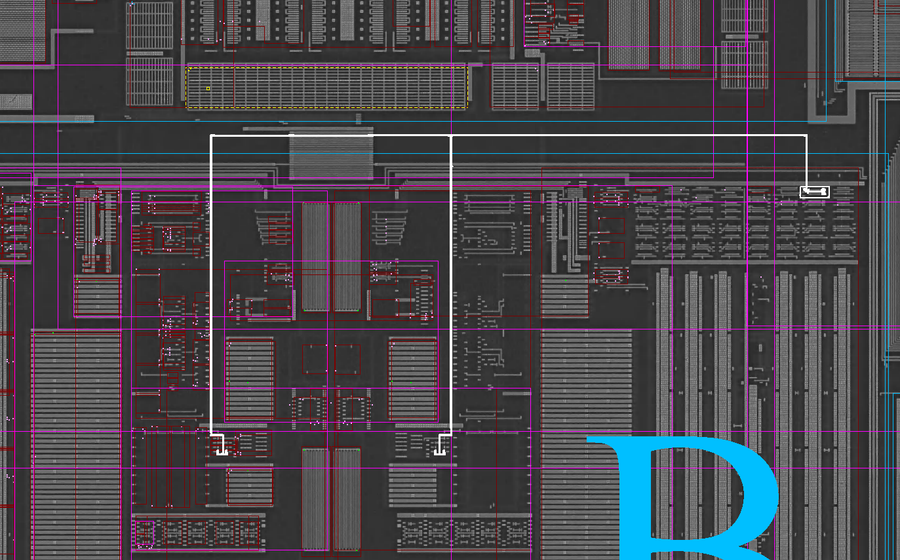 Physical metal routing of the selected net highlighted in white across the die layout