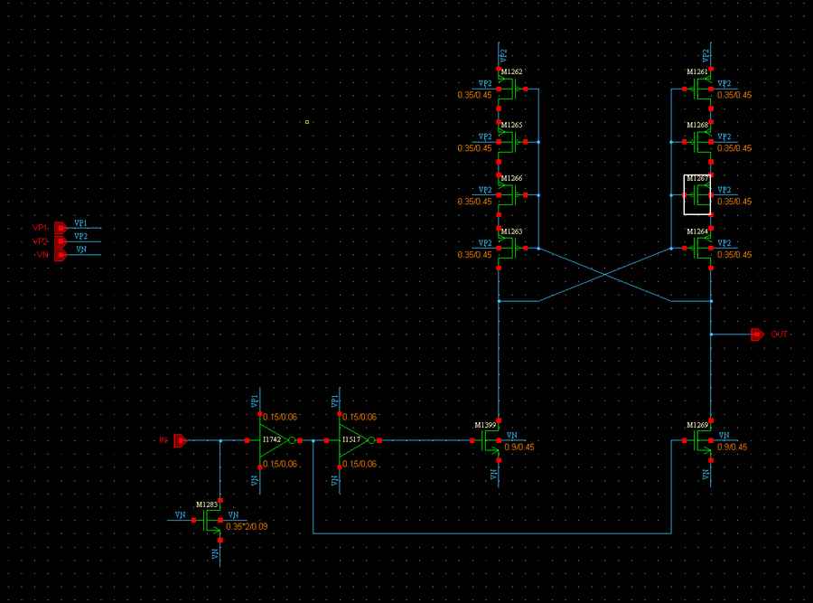 BrigenOne schematic view with transistor M1287 selected in a white box, surrounding devices annotated with channel width and length