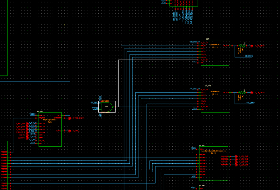 BrigenOne schematic view with one net highlighted in white as it crosses several functional blocks