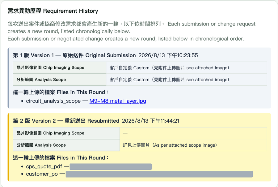 CPS Portal requirement history showing version 1 original submission and version 2 resubmission with their analysis scope and attached files (filenames masked)