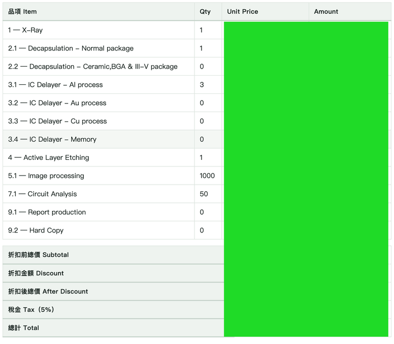 CPS Portal itemised quotation listing X-ray, decapsulation, delayering, etching, image processing and circuit analysis with quantities (amounts masked)
